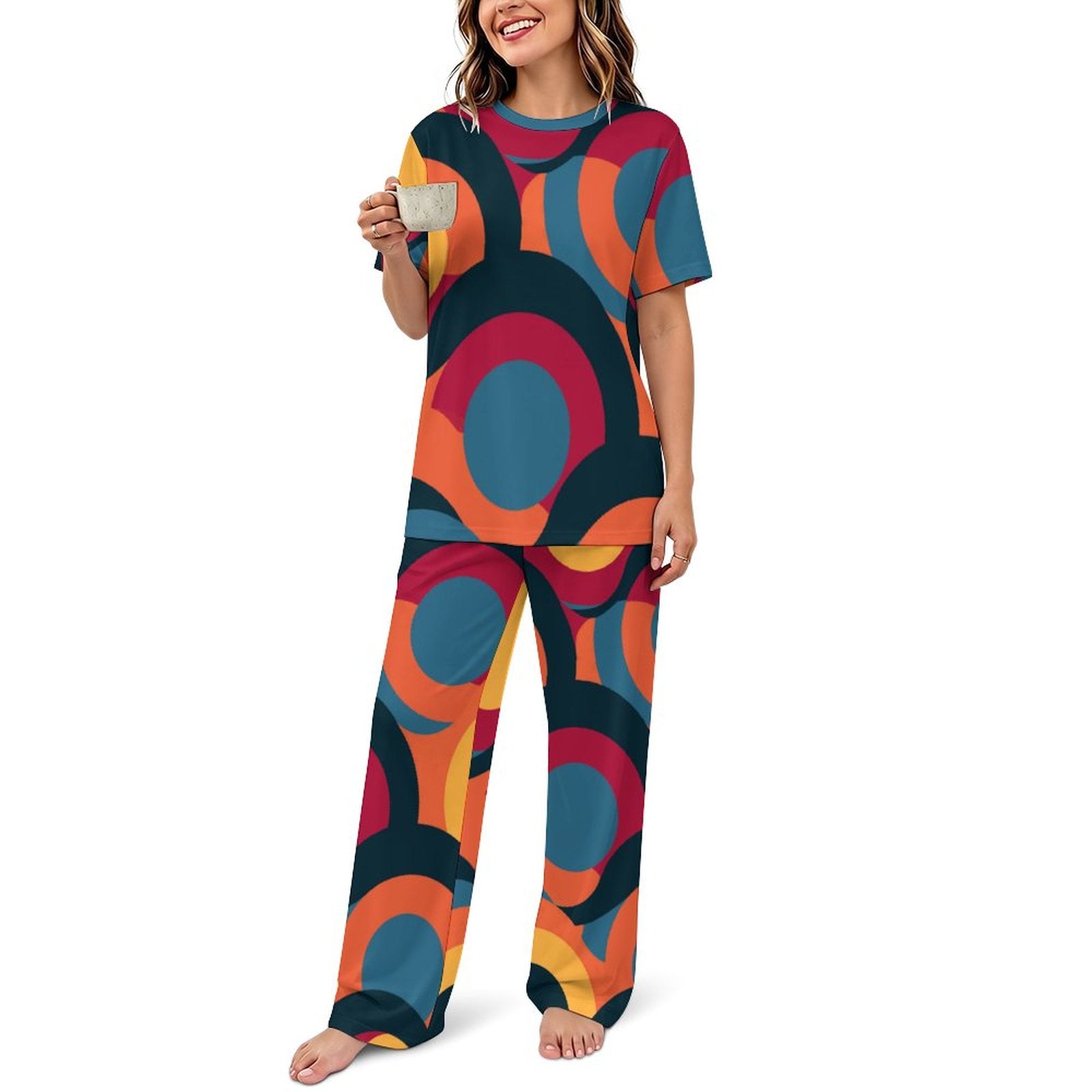 180gsm Short Sleeved Pajama Set(All-Over Printing)retro multicolored circle pattern
