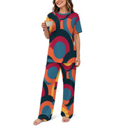 180gsm Short Sleeved Pajama Set(All-Over Printing)retro multicolored circle pattern