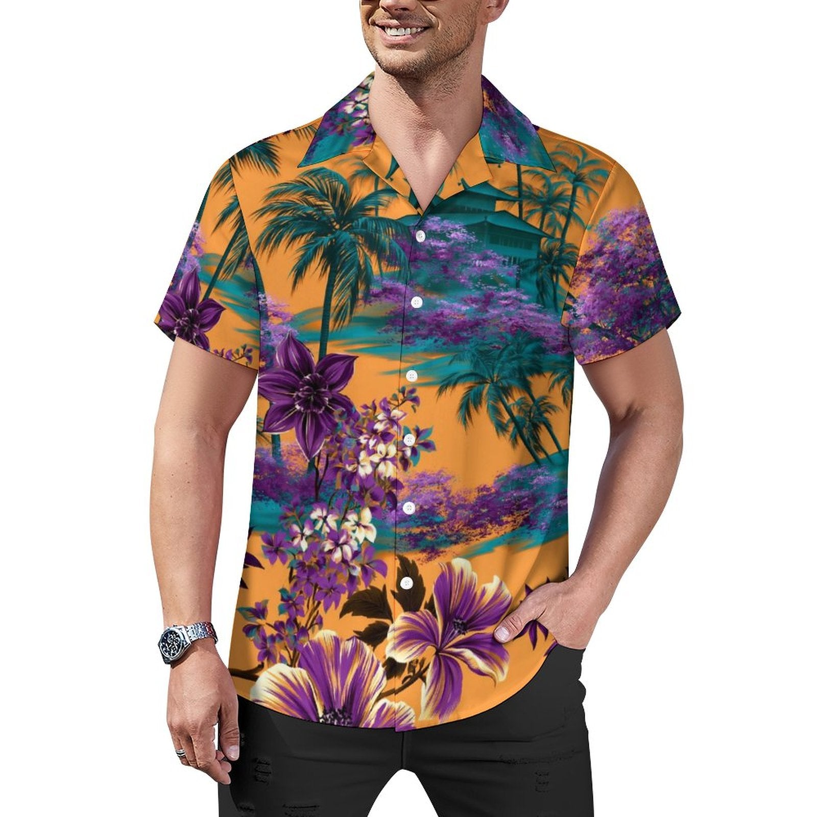 Short Sleeve Cuban Collar Shirt(All-Over Printing) Hawaiian orange, purple
