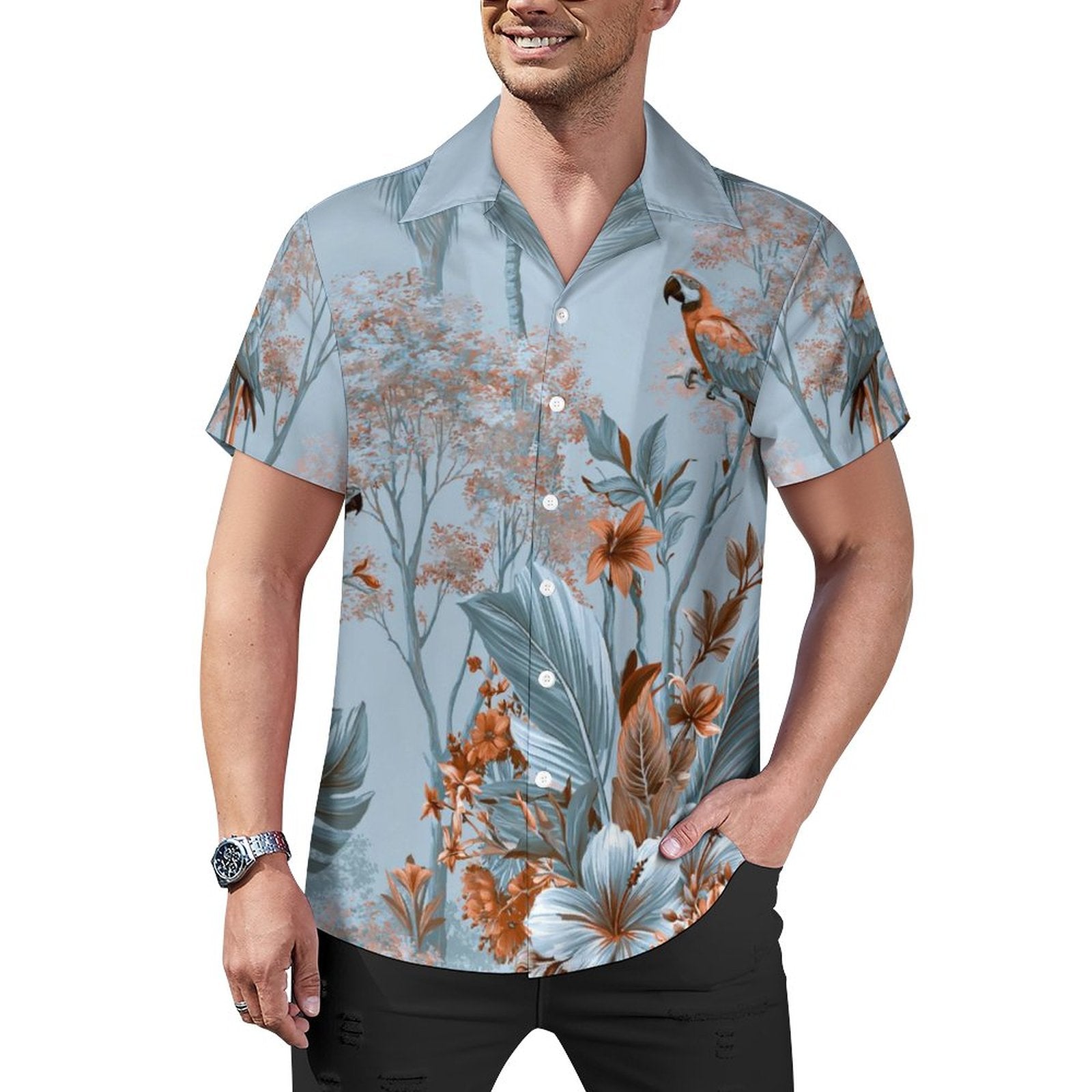 Short Sleeve Cuban Collar Shirt(All-Over Printing) Hawaiian light blue and brown print