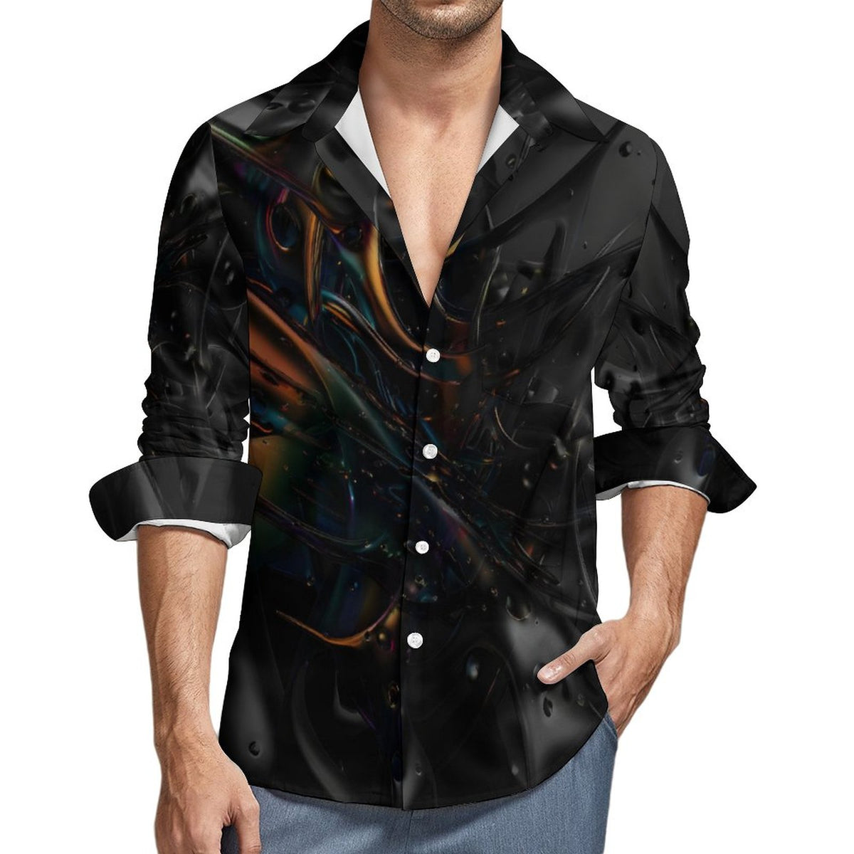 Faux Linen Men Long Sleeve Shirt with Pocket(All-Over Printing)