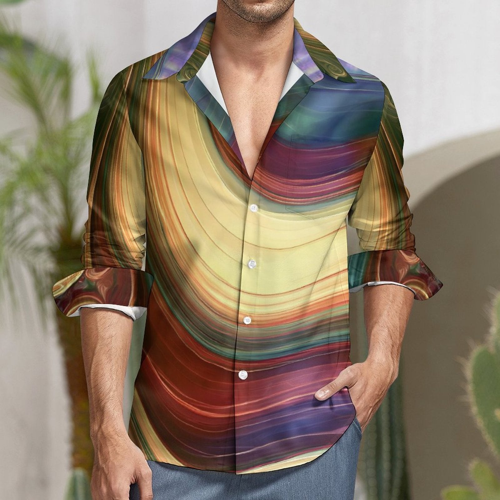 Men's Long Sleeve Shirt with Pocket(All-Over Printing) Color Wave