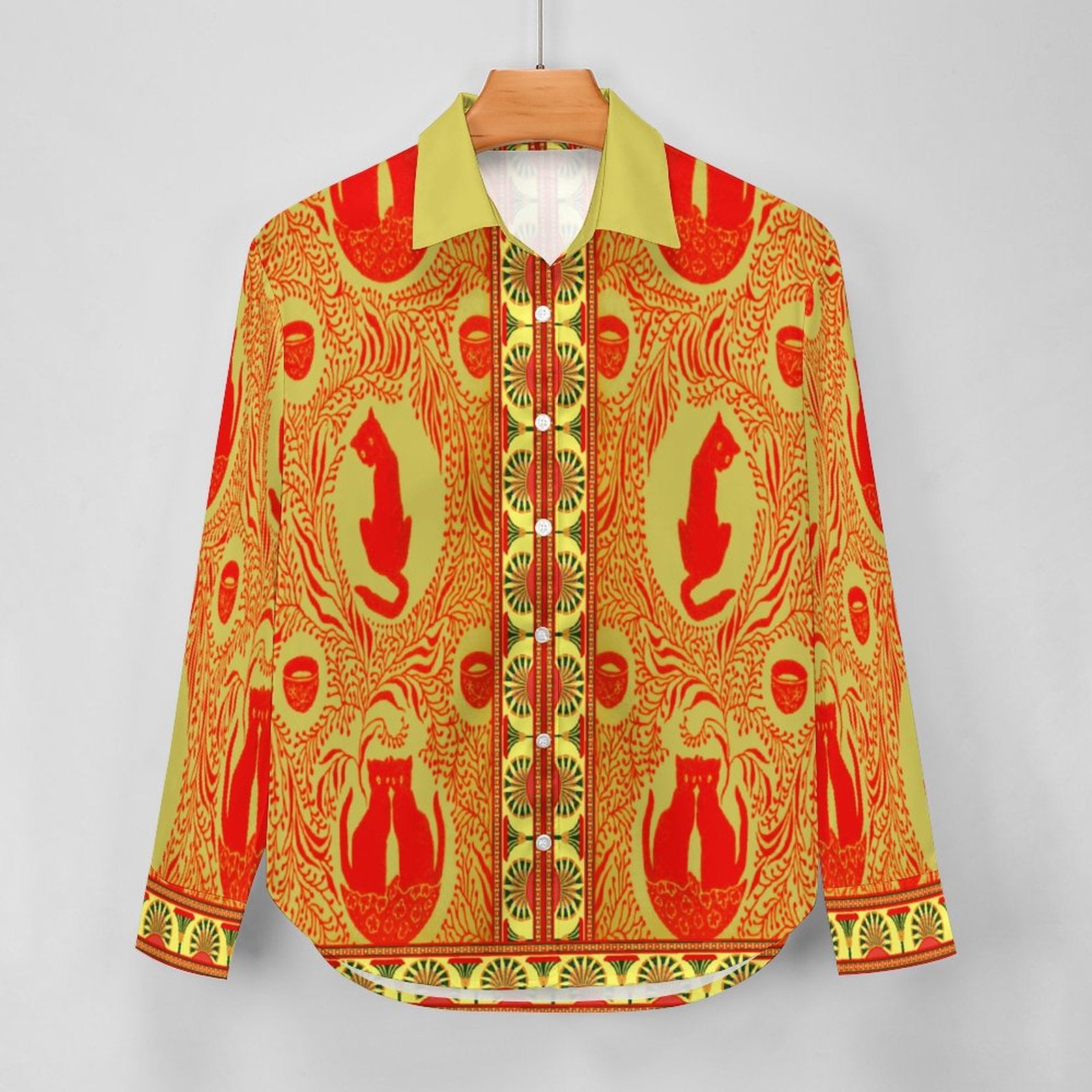 Women's Flower Blouse Long Sleeve(All-Over Printing) red yellow cat indian