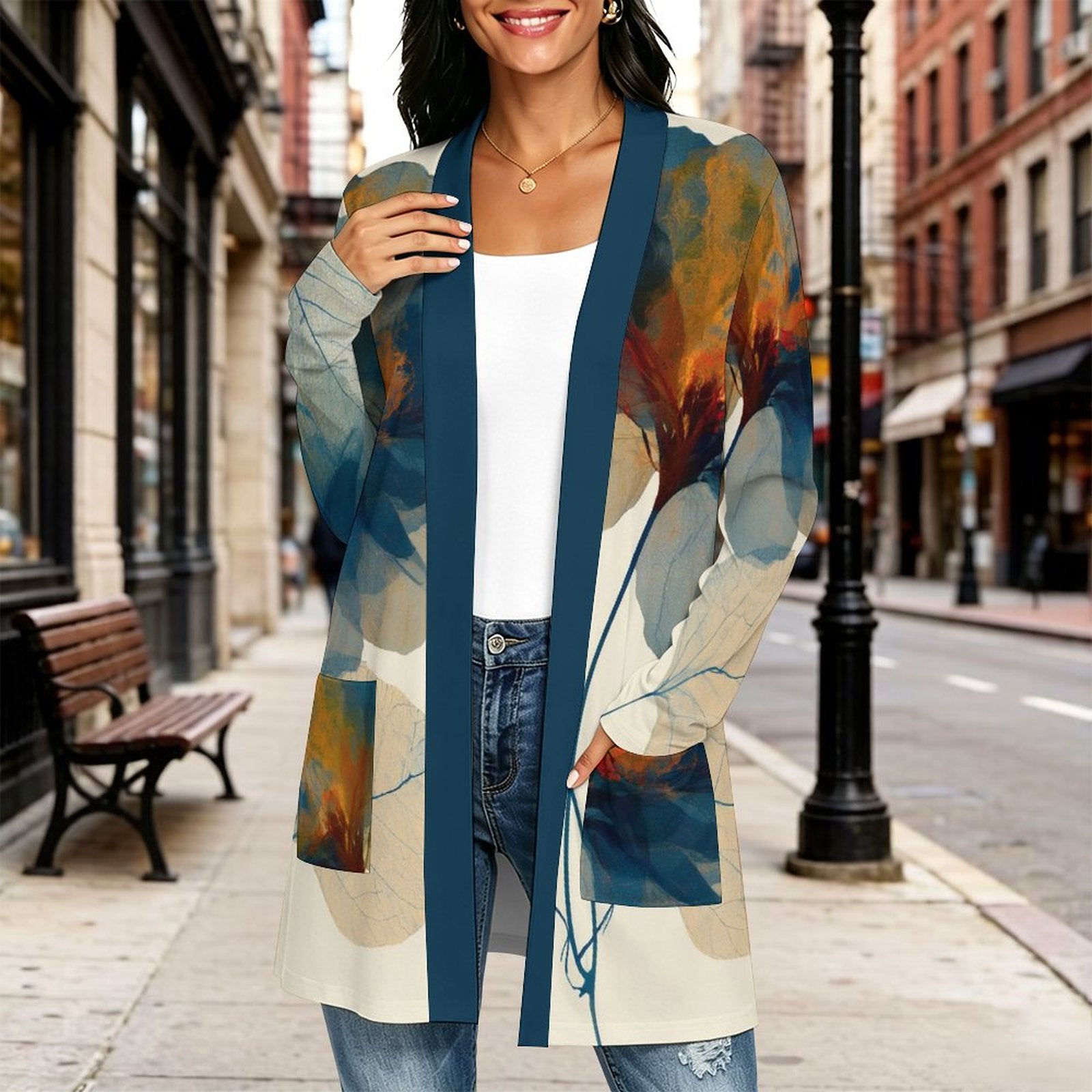 180gsm Women's Long Sleeve Cardigan With Pockets(All-Over Printing) floral blue and orange