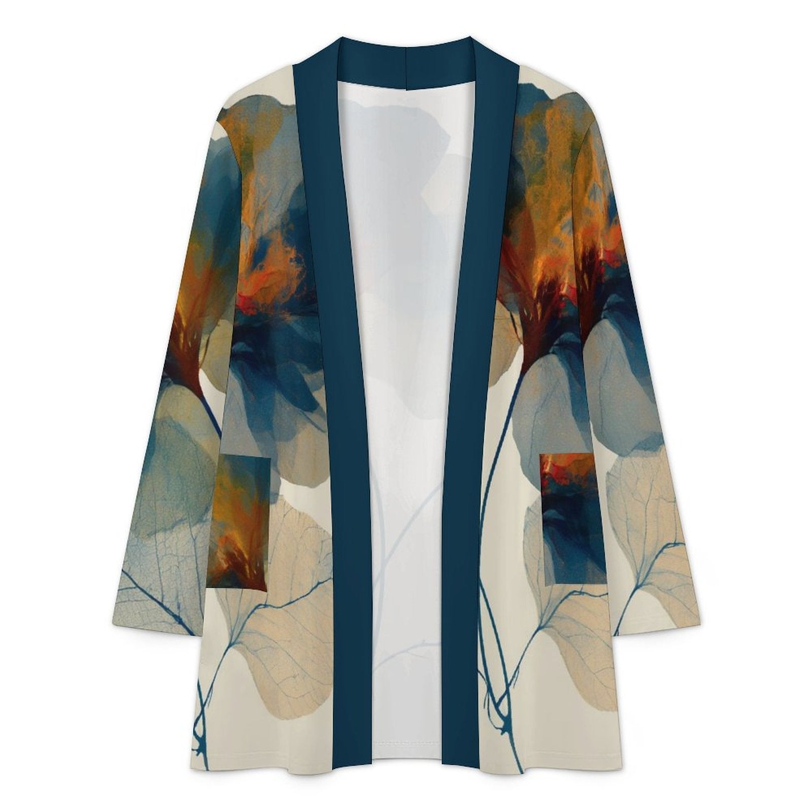 180gsm Women's Long Sleeve Cardigan With Pockets(All-Over Printing) floral blue and orange