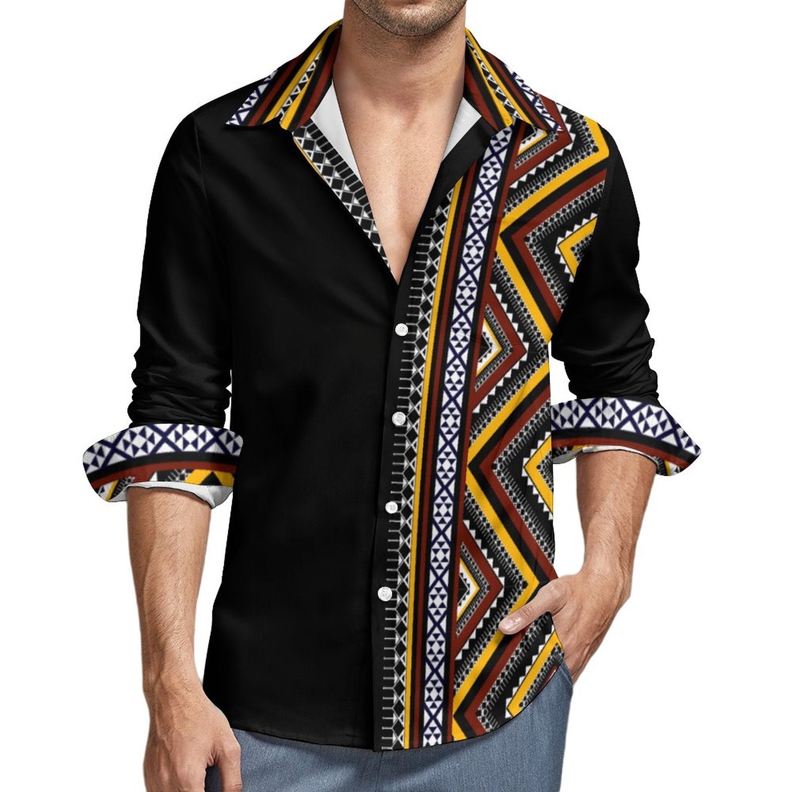 Men's Long Sleeve Shirt with Pocket(All-Over Printing) Southwest pattern black, burgundy, orange