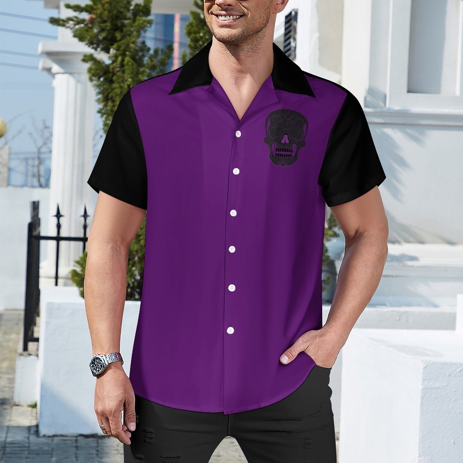 Short Sleeve Cuban Collar Shirt(All-Over Printing) purple skull