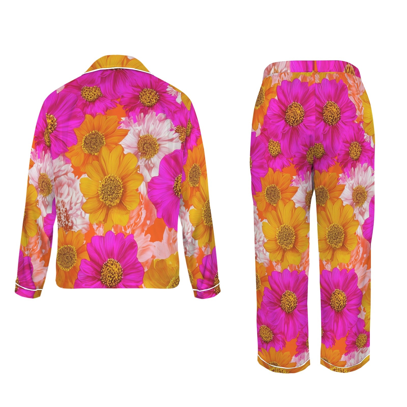 winter.moon_Orange_pink_yellow_white_floral_1950s_pop_art_texti_9cf25ccf-7e03-4d9f-a95c-e0d04111181c Women's Long Sleeve Satin Pajama Set