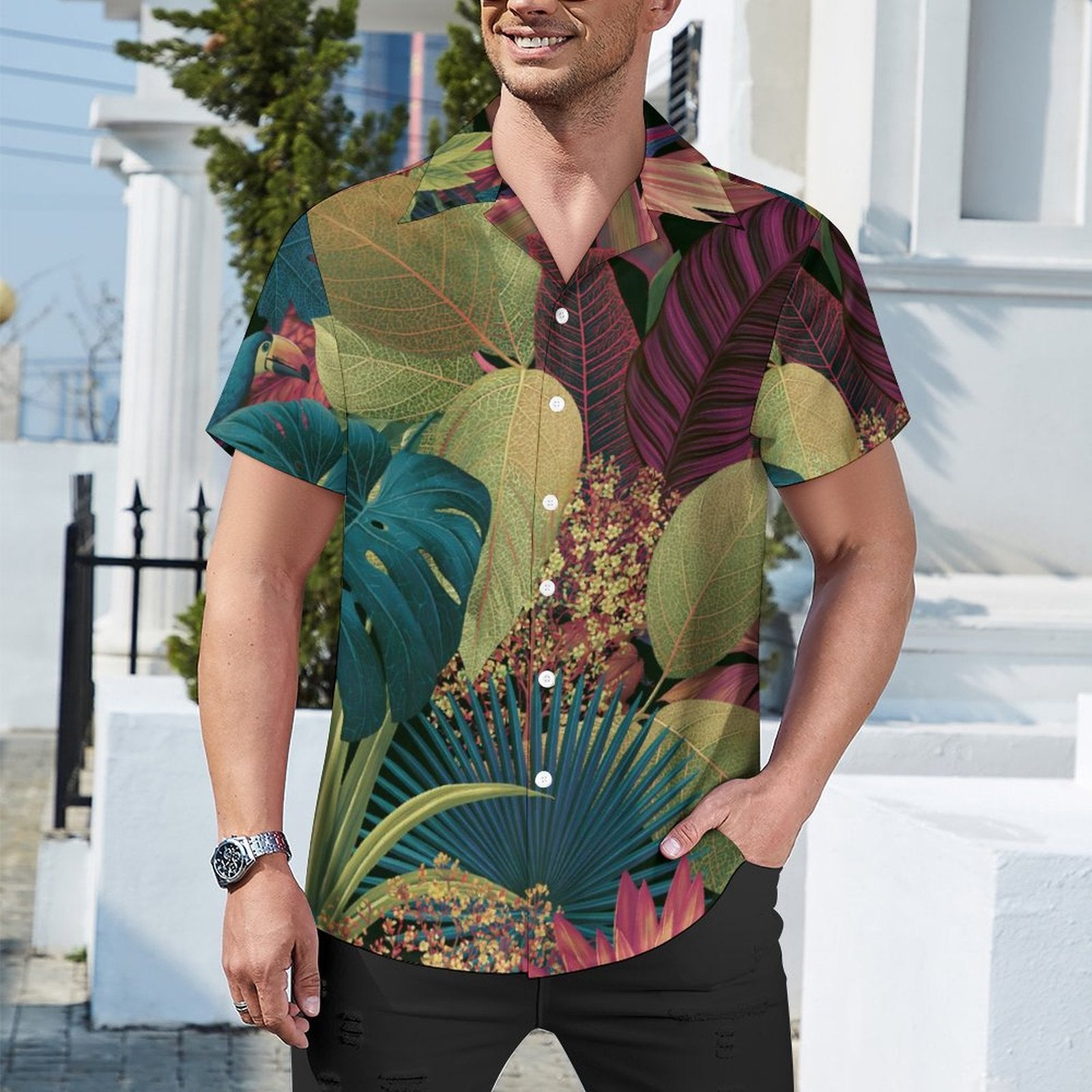 Short Sleeve Cuban Collar Shirt(All-Over Printing) purple and green Hawaiian
