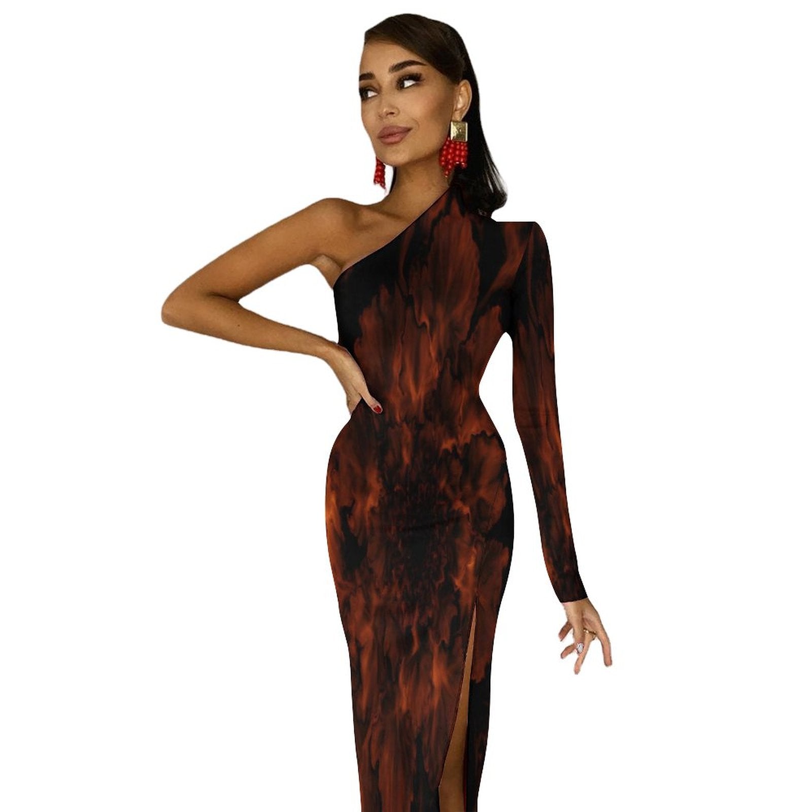 One Shoulder Split Dress(All-Over Printing) elegant fire orange red black