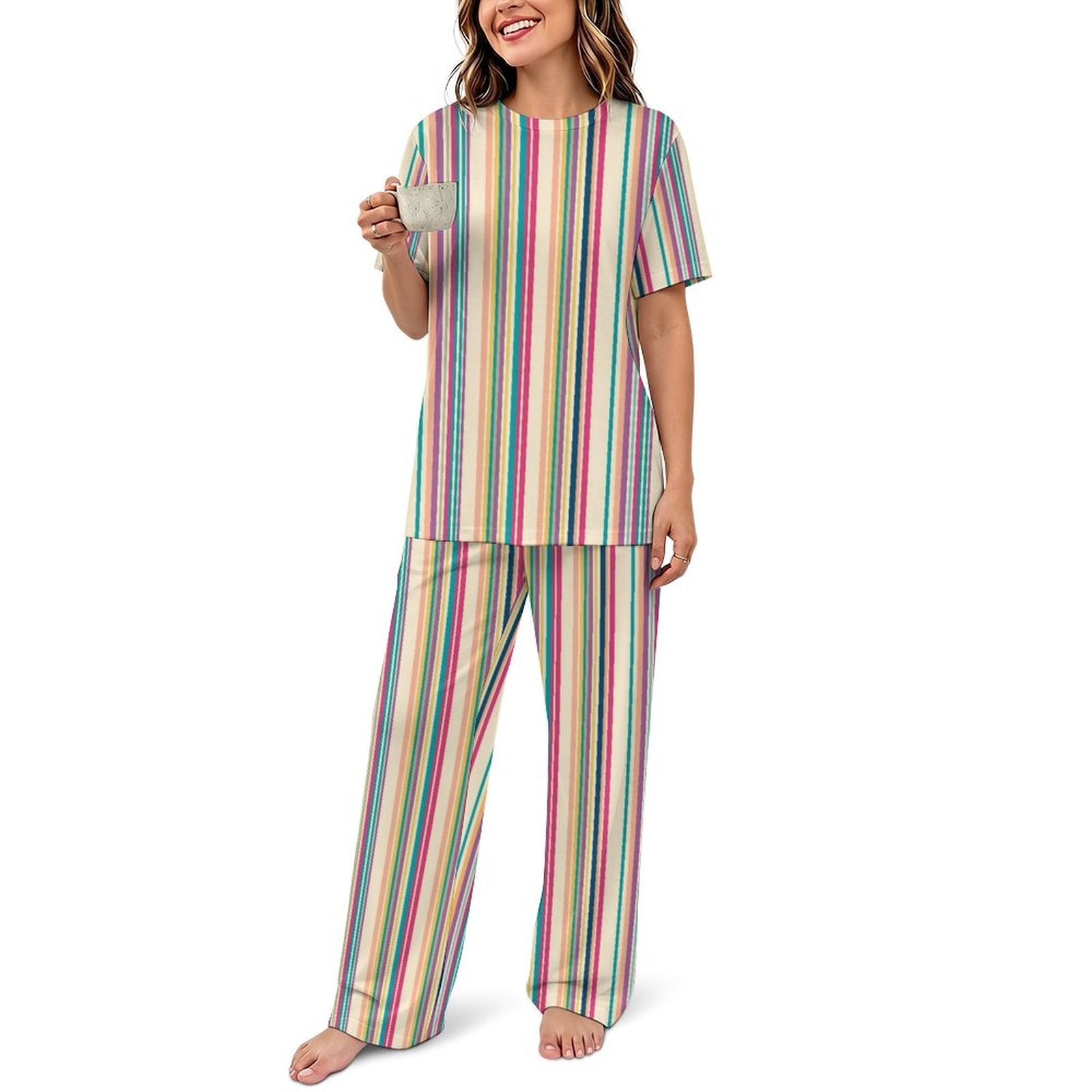 180gsm Short Sleeved Pajama Set(All-Over Printing) multicolor stripe