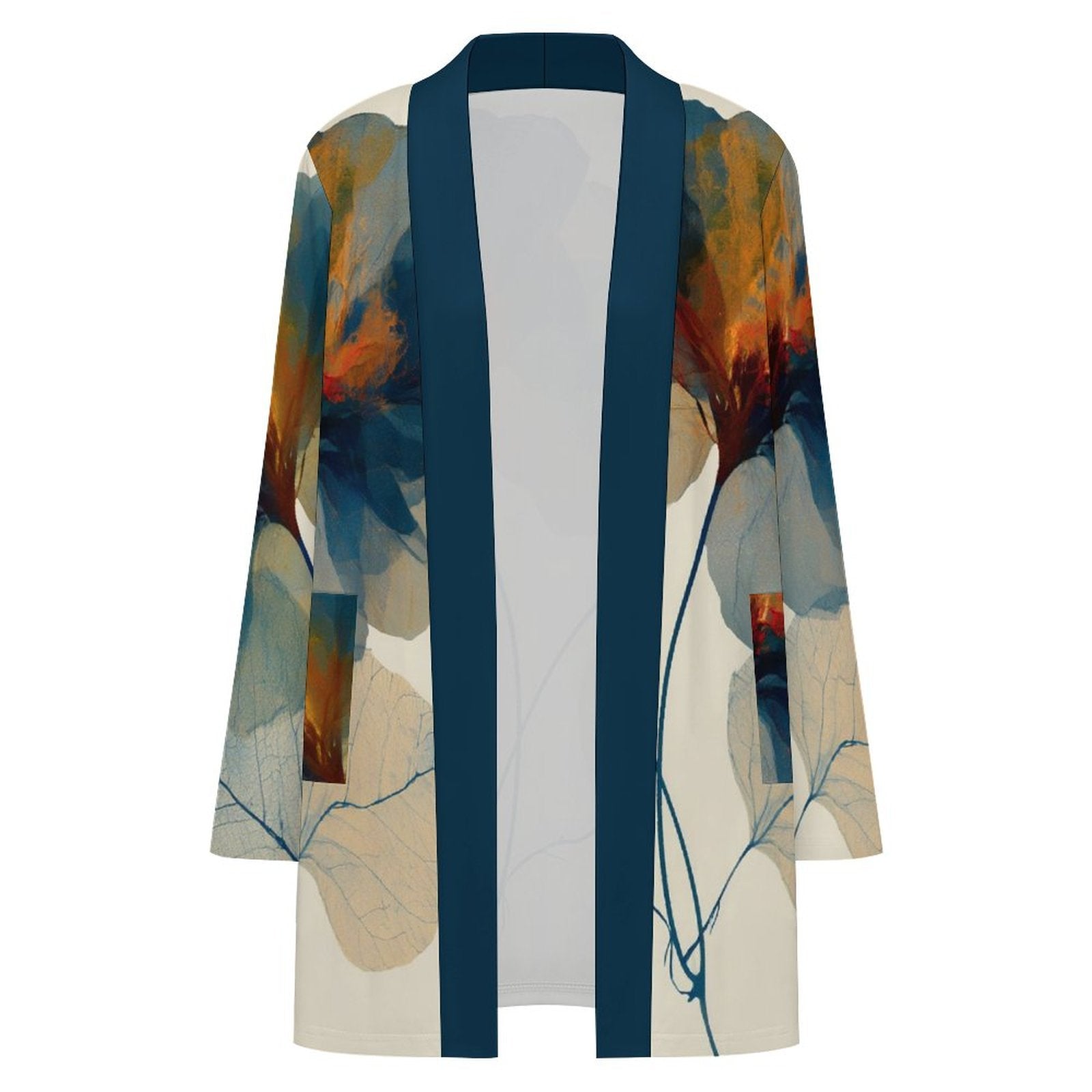 180gsm Women's Long Sleeve Cardigan With Pockets(All-Over Printing) floral blue and orange