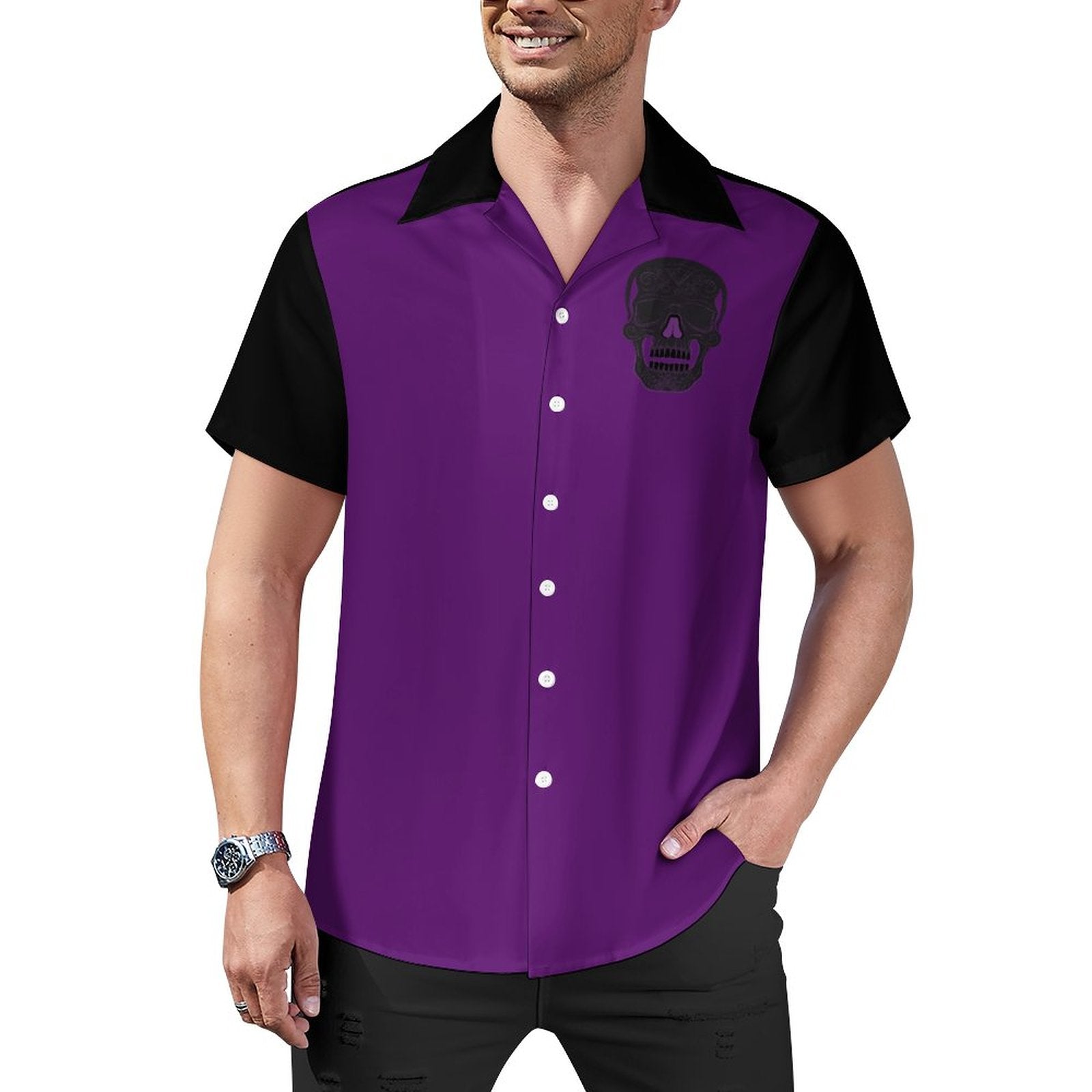 Short Sleeve Cuban Collar Shirt(All-Over Printing) purple skull