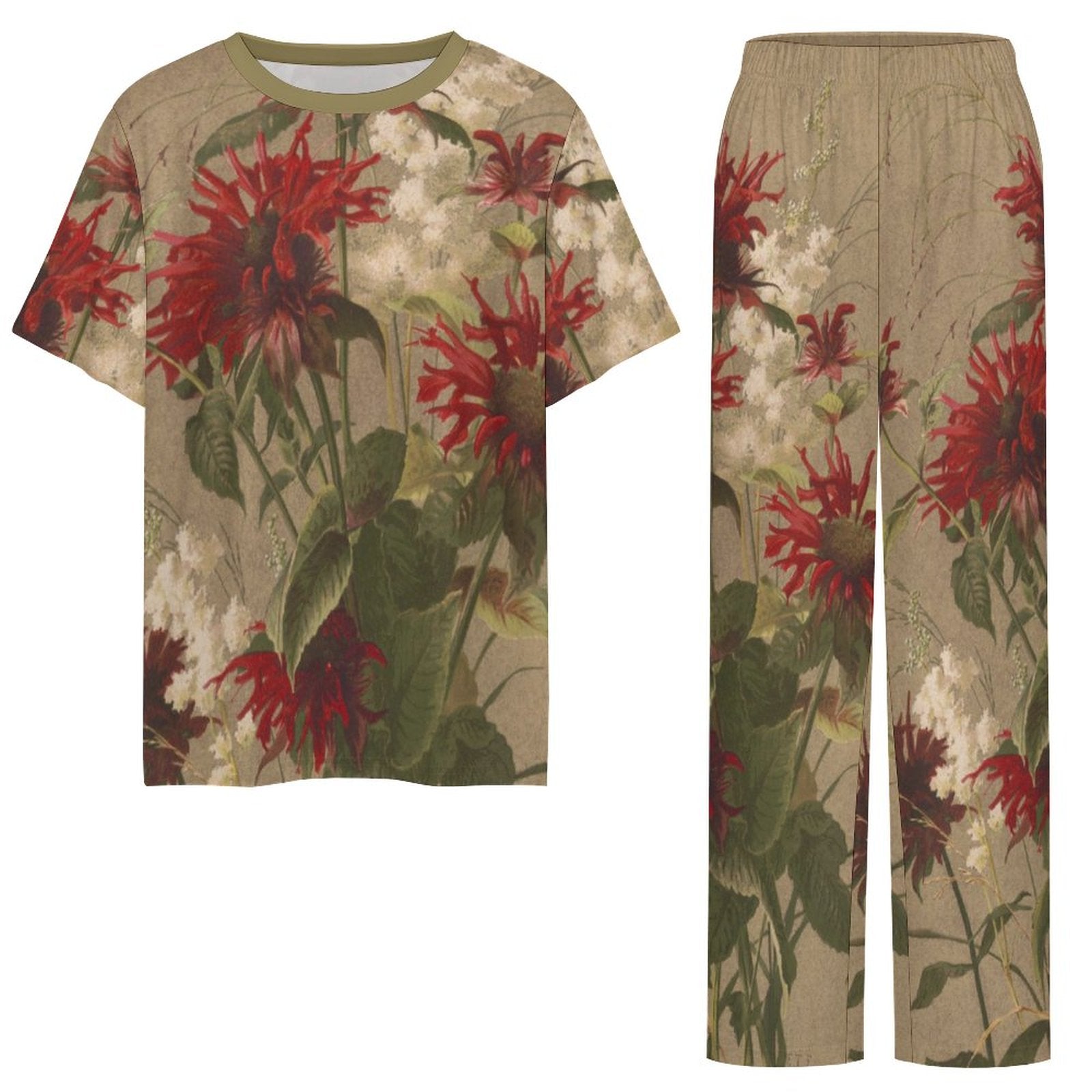 180gsm Short Sleeved Pajama Set(All-Over Printing) floral print beige, red, green