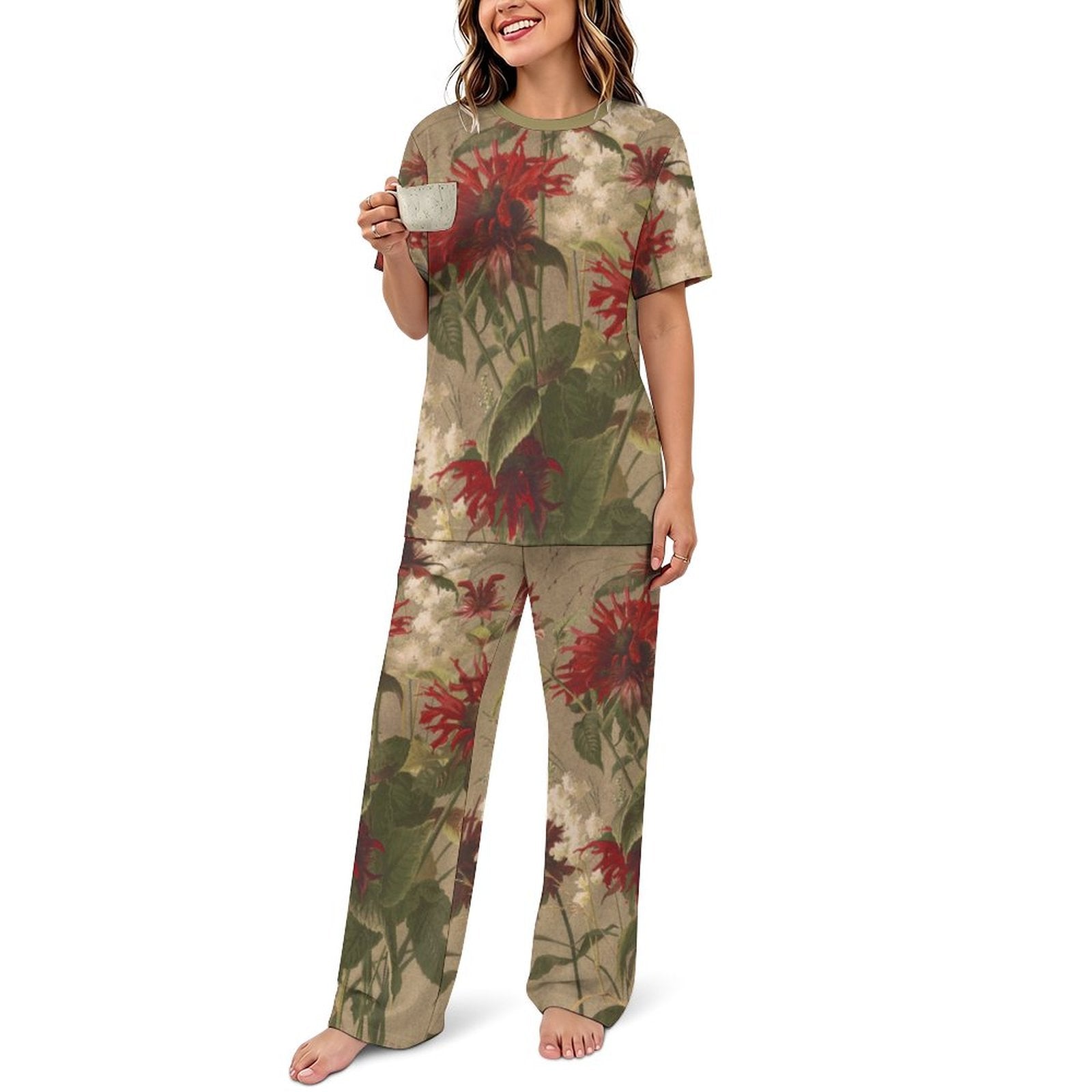 180gsm Short Sleeved Pajama Set(All-Over Printing) floral print beige, red, green