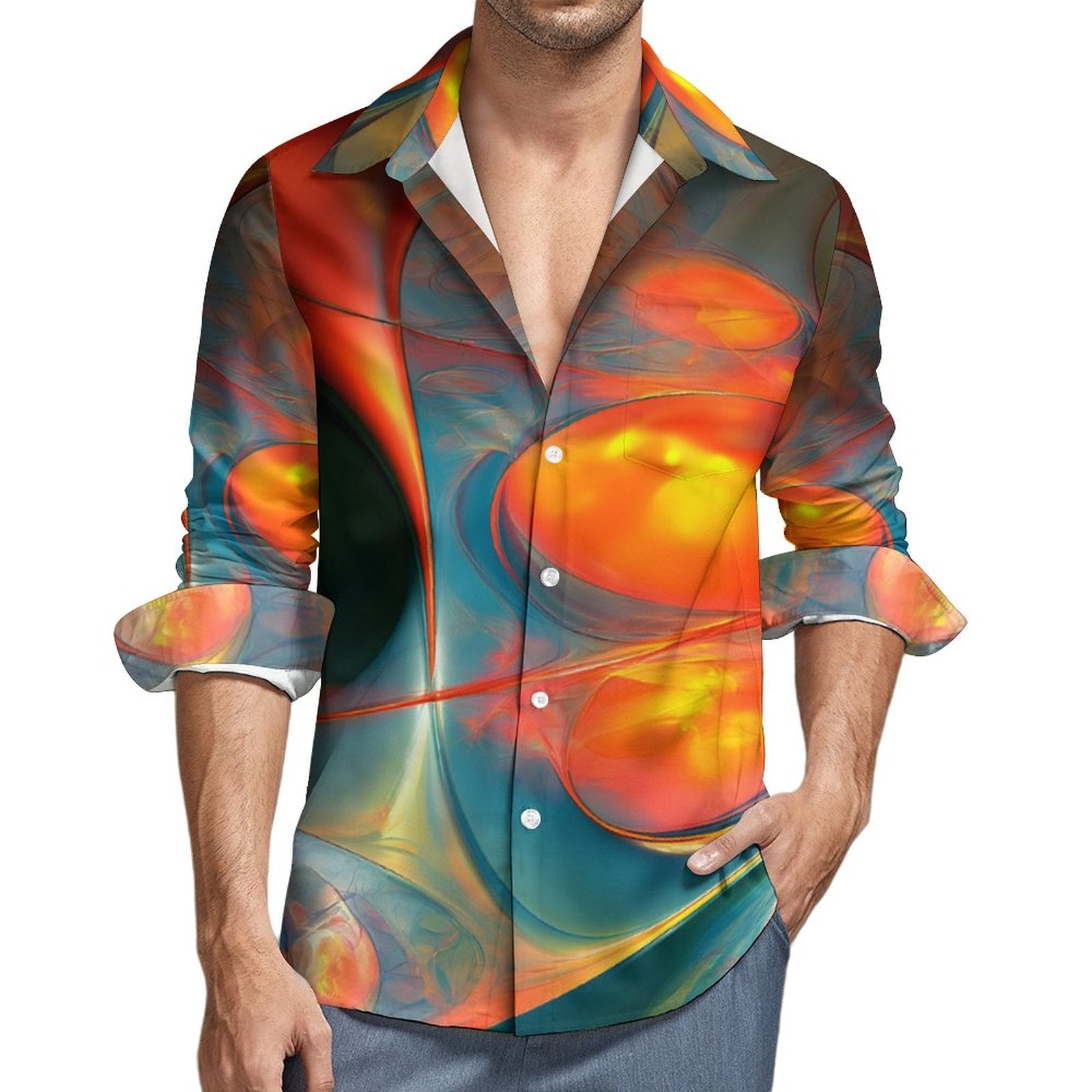 Men's Long Sleeve Shirt with Pocket(All-Over Printing)disco orange