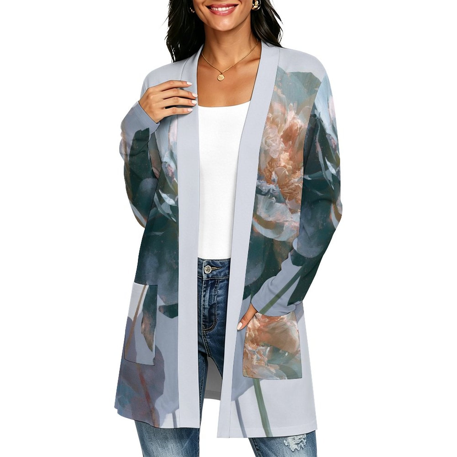 180gsm Women's Long Sleeve Cardigan With Pockets(All-Over Printing) light blue and orange floral
