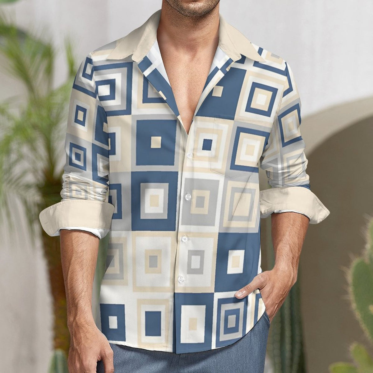 Faux Linen Men Long Sleeve Shirt with Pocket(All-Over Printing)