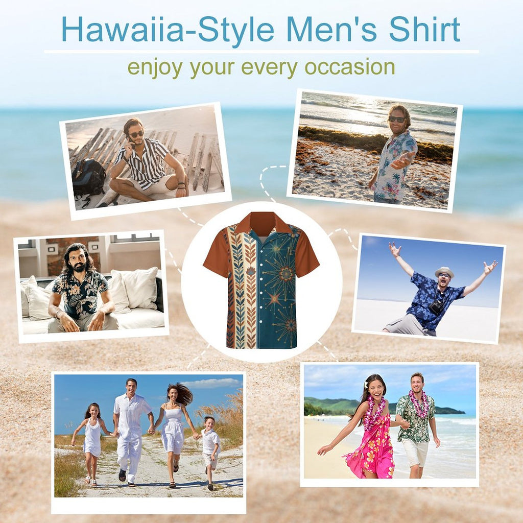 Short Sleeve Cuban Collar Shirt(All-Over Printing) teal beige and rust colored retro