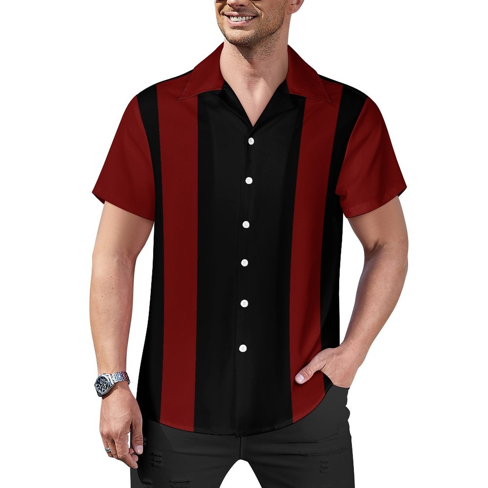 Short Sleeve Cuban Collar Shirt(All-Over Printing)red and black