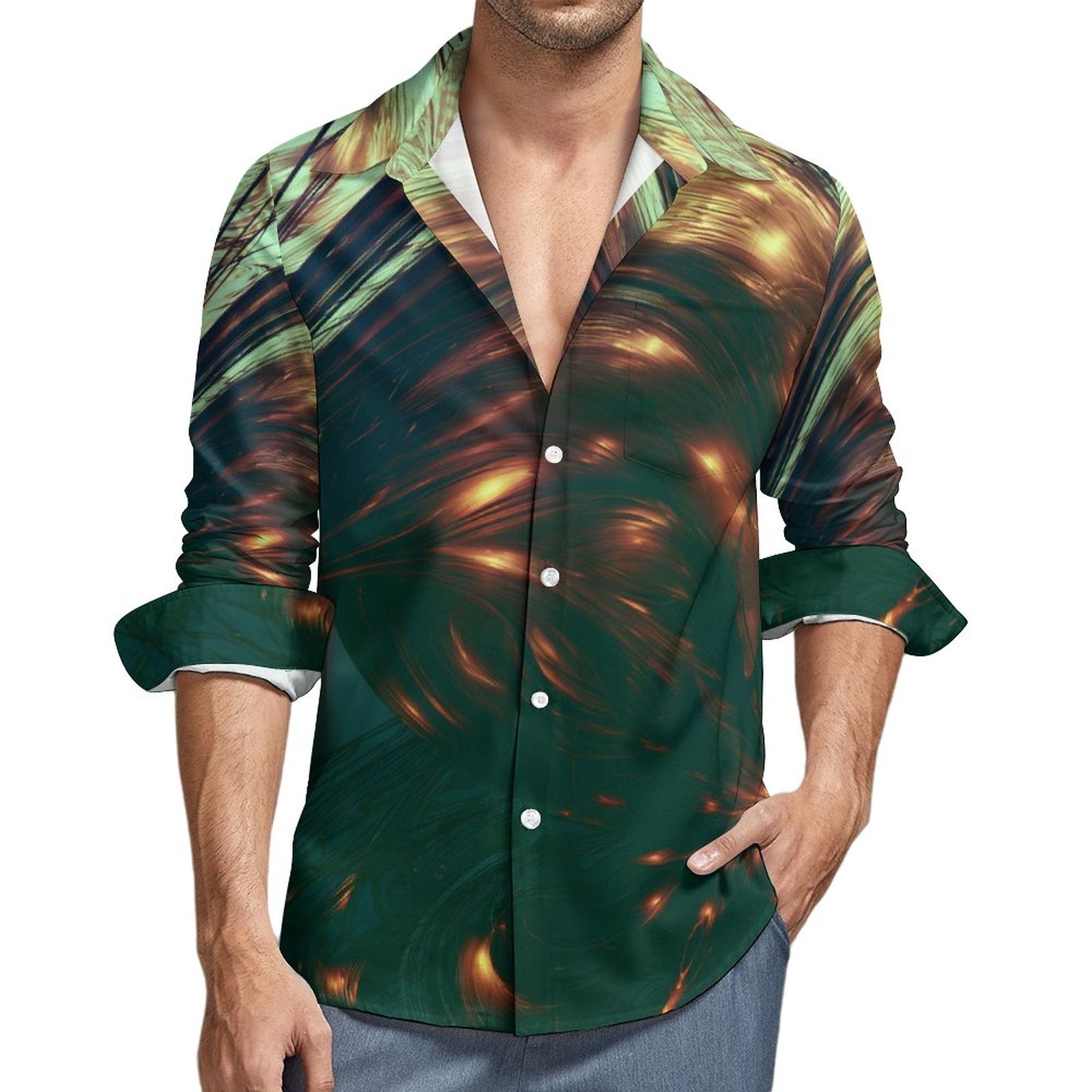 Men's Long Sleeve Shirt with Pocket(All-Over Printing)Disco Green