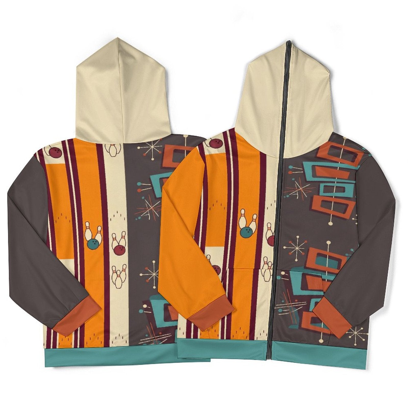 280gsm Full Zip Hoodie For Men(All-Over Printing) retro bowling pattern brown orange rust teal
