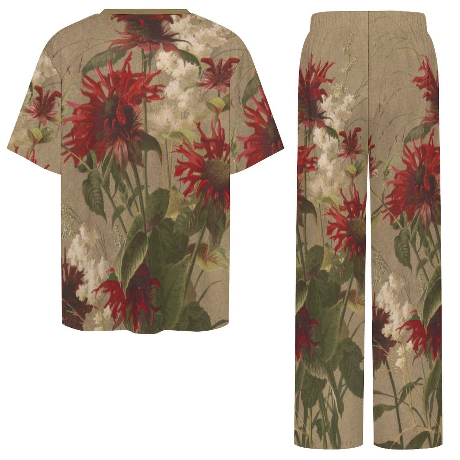 180gsm Short Sleeved Pajama Set(All-Over Printing) floral print beige, red, green