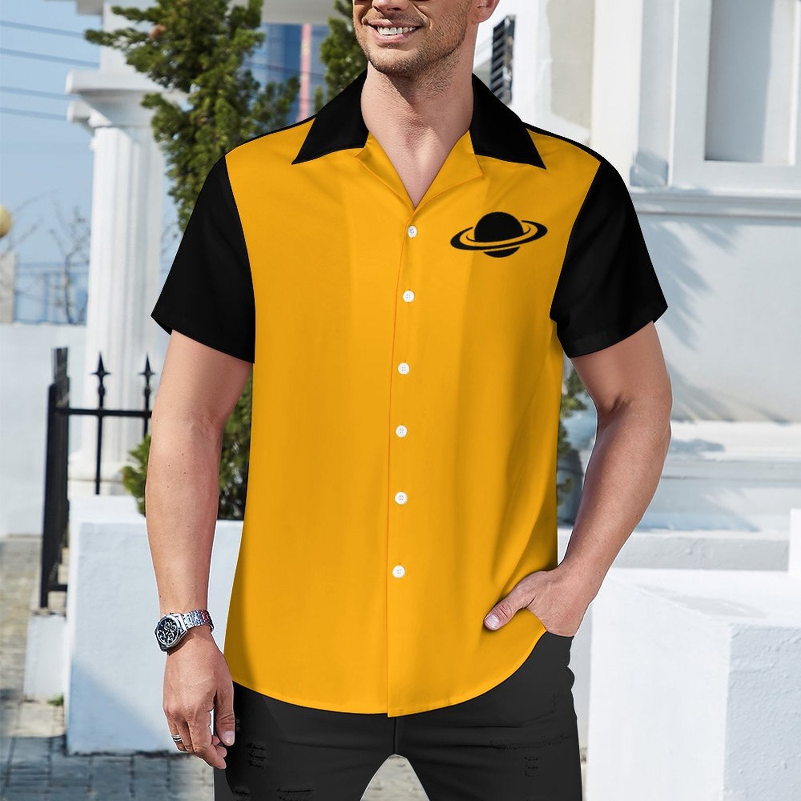 Short Sleeve Cuban Collar Shirt(All-Over Printing) gold saturn