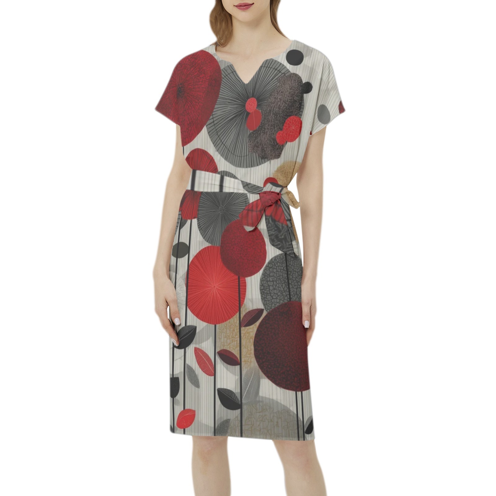 Betwing Seleeve Notch Neck Casual Dress with Belt