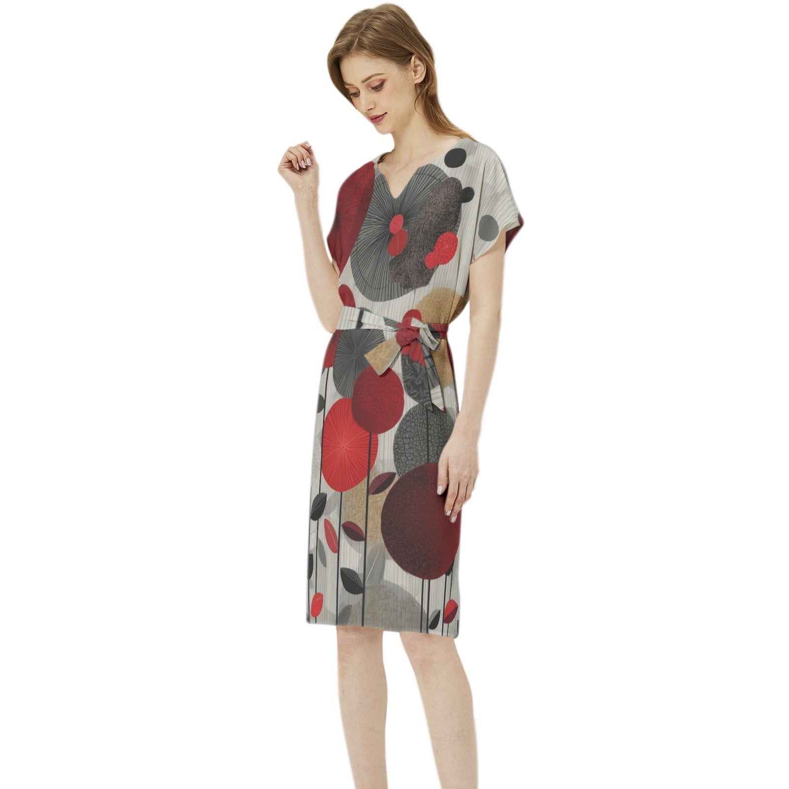Betwing Seleeve Notch Neck Casual Dress with Belt