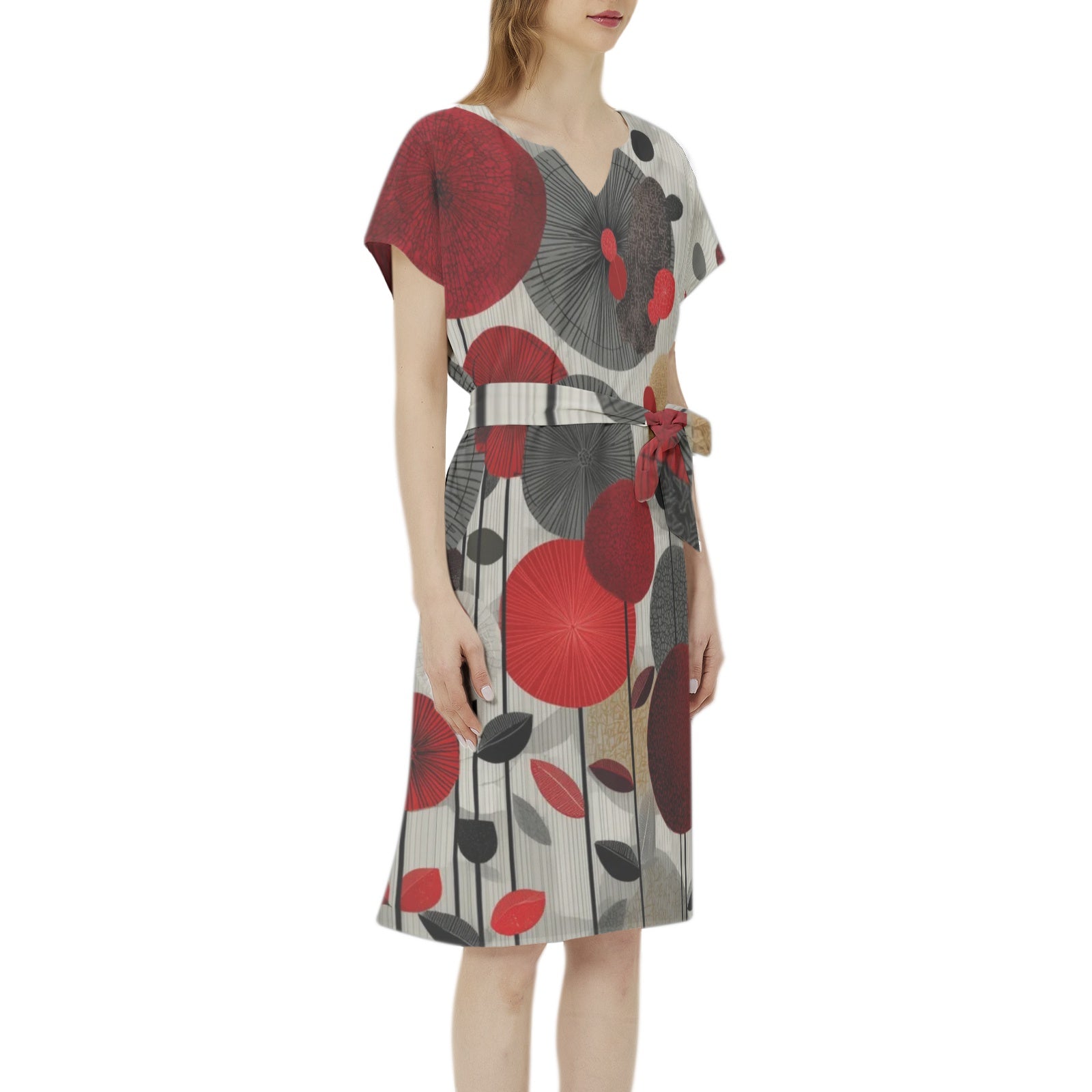 Betwing Seleeve Notch Neck Casual Dress with Belt
