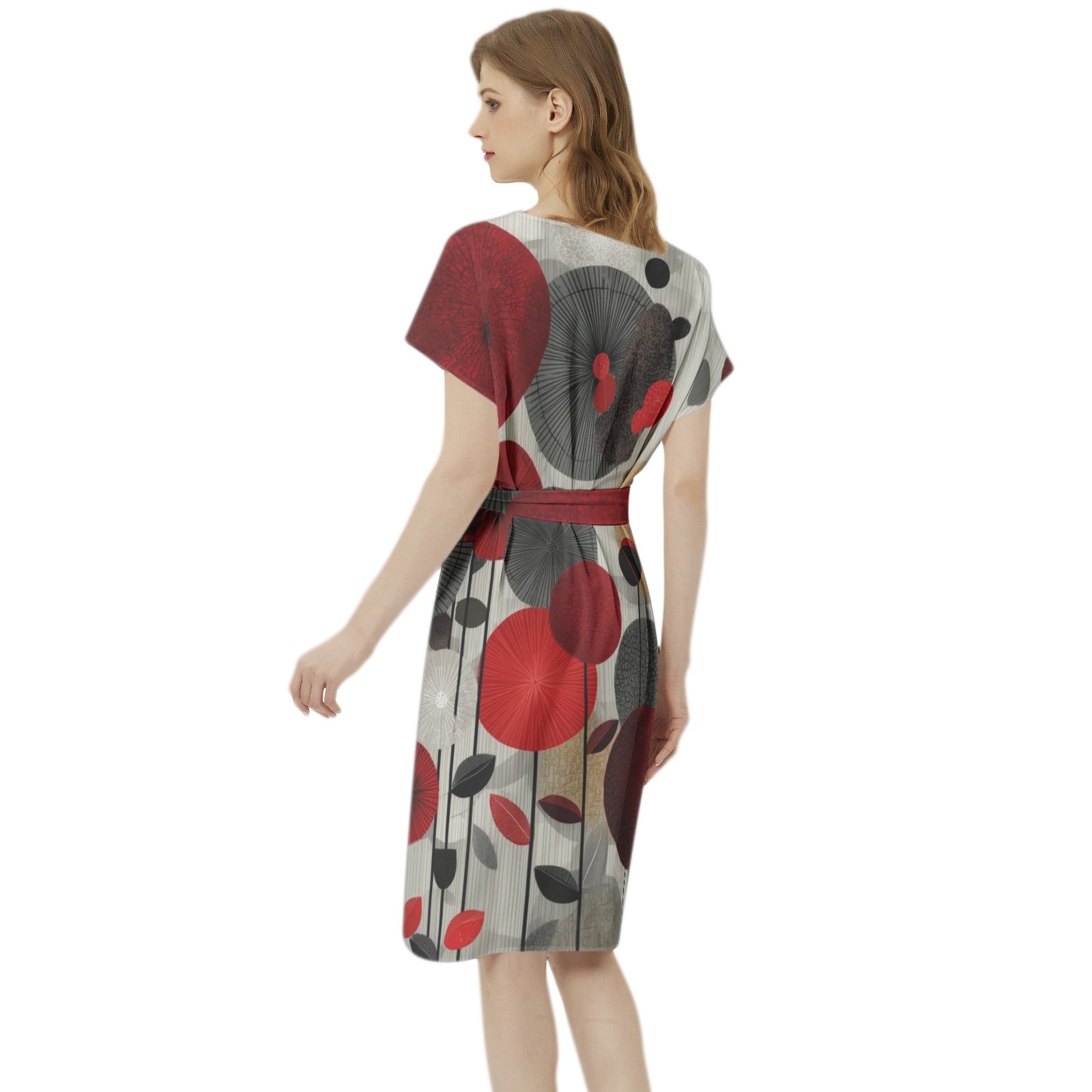 Betwing Seleeve Notch Neck Casual Dress with Belt