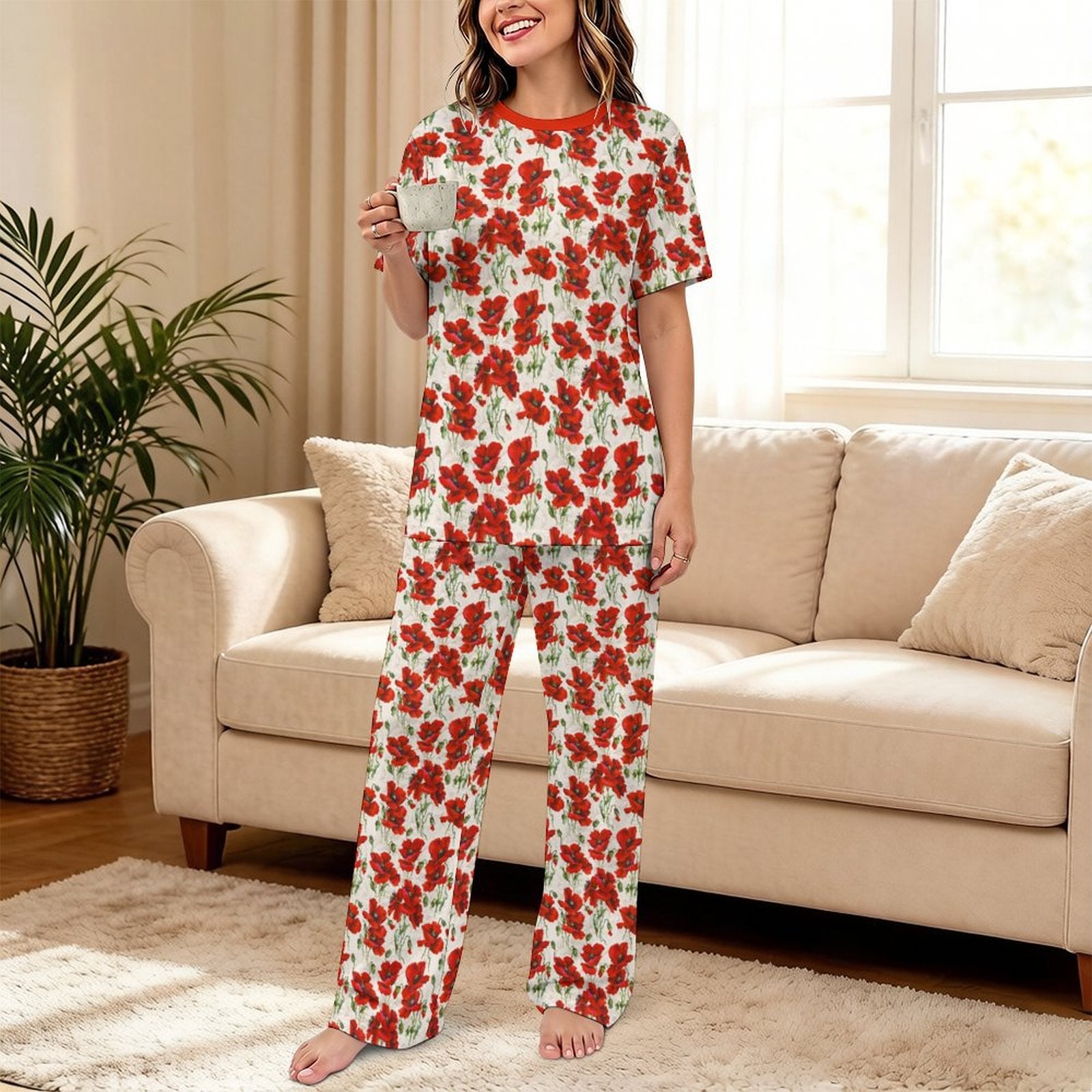 180gsm Short Sleeved Pajama Set(All-Over Printing) floral print beige and red