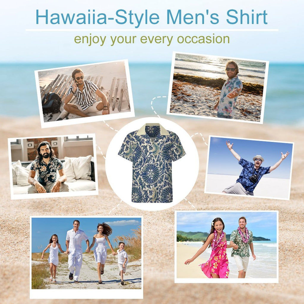 Men's Short Sleeve Hawaiian Print Shirt with Cuban Collar(All-Over Printing) Blue pattern
