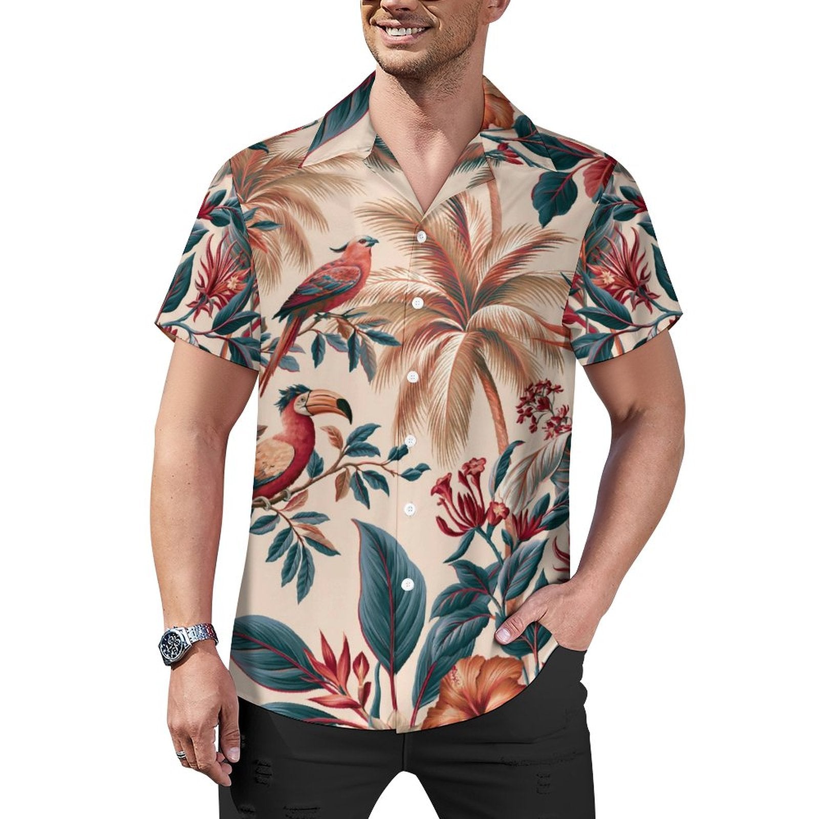 Short Sleeve Cuban Collar Shirt(All-Over Printing) Hawaiian print red and blue