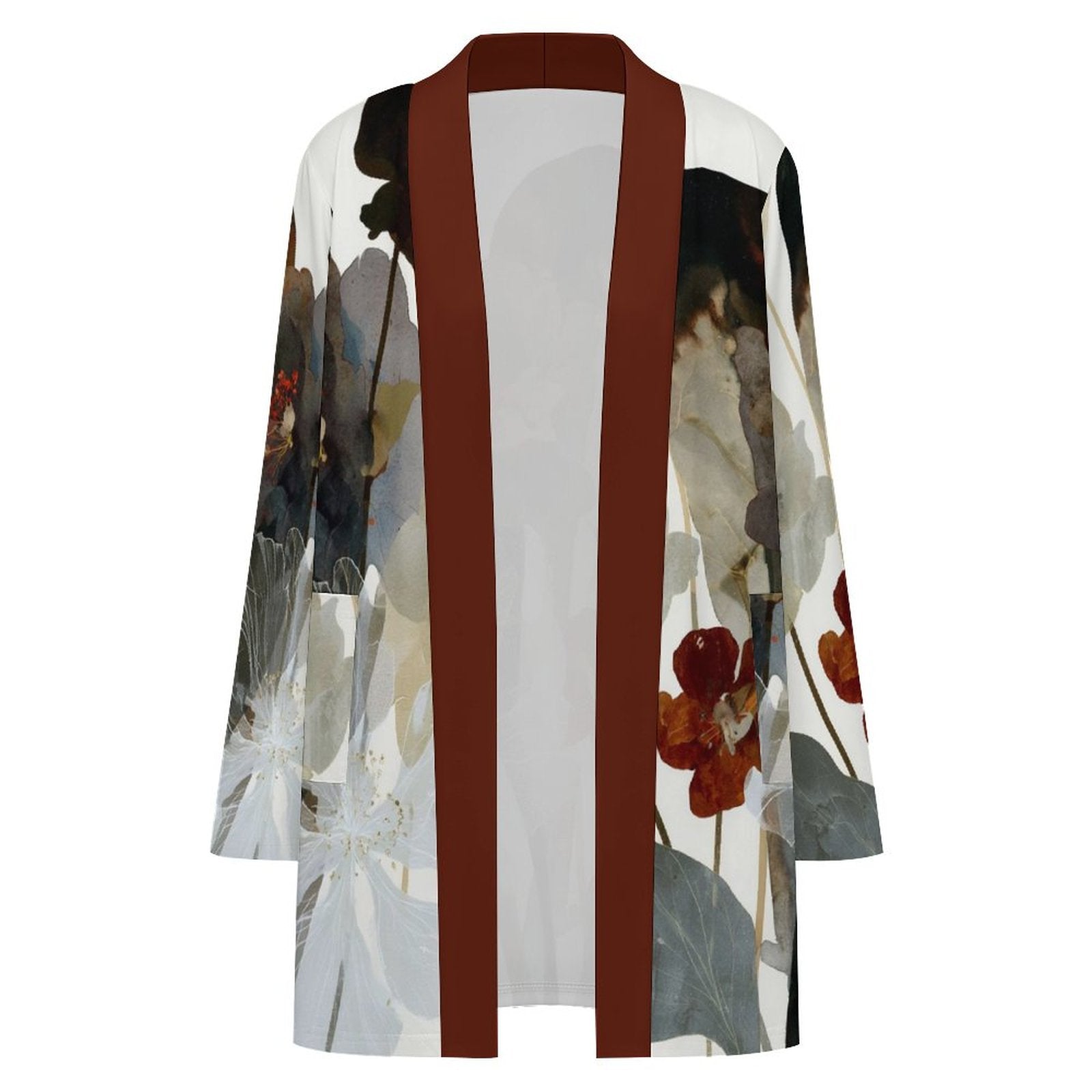 180gsm Women's Long Sleeve Cardigan With Pockets(All-Over Printing) dark red and white floral