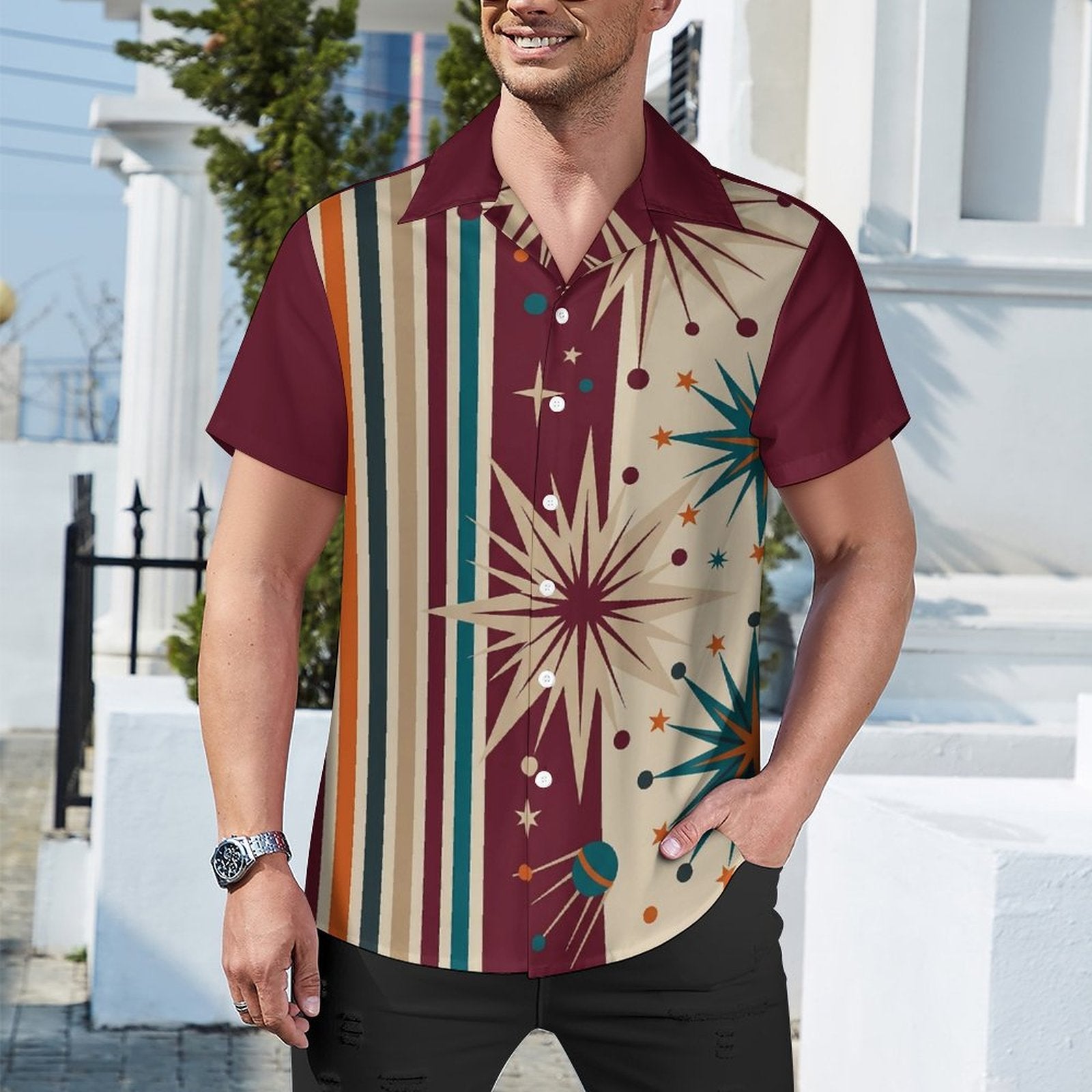 Short Sleeve Cuban Collar Shirt(All-Over Printing) bowling retro starburst lines burgundy beige teal orange