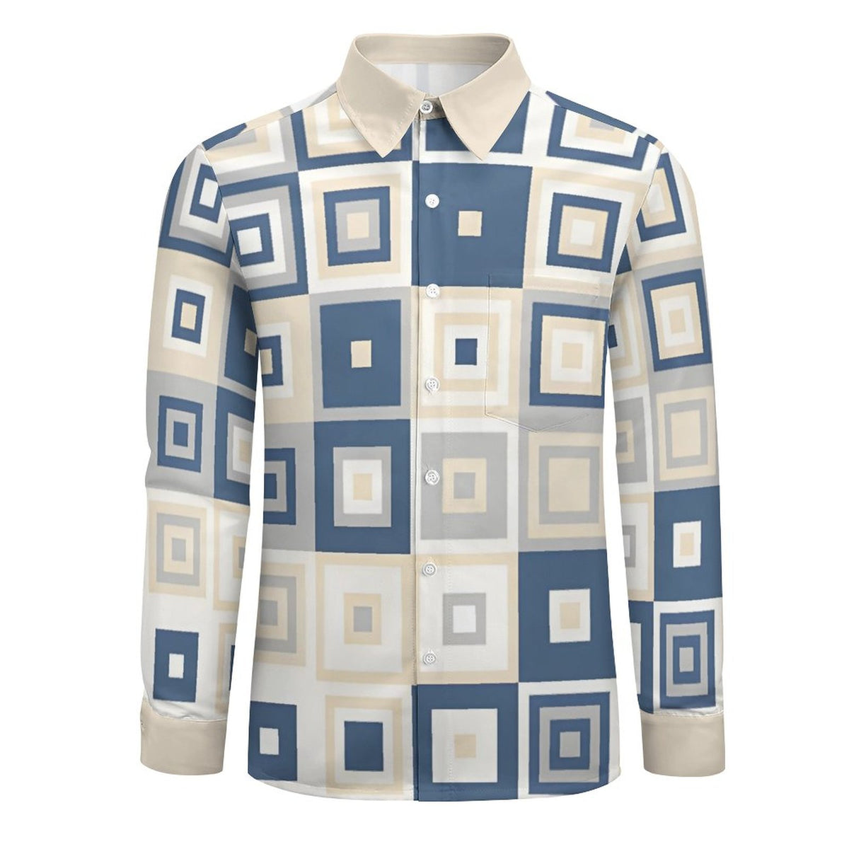 Faux Linen Men Long Sleeve Shirt with Pocket(All-Over Printing)