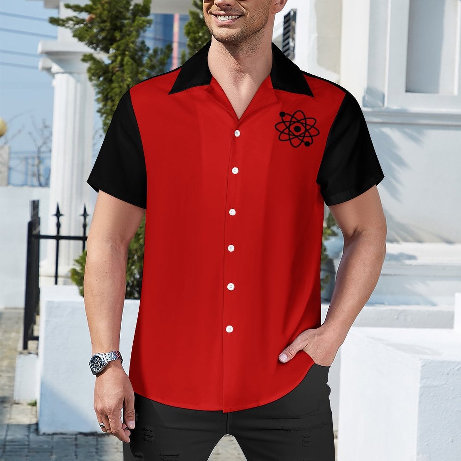Short Sleeve Cuban Collar Shirt(All-Over Printing) red atom