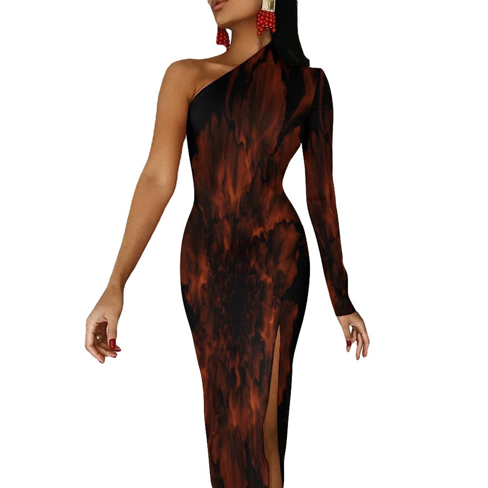 One Shoulder Split Dress(All-Over Printing) elegant fire orange red black
