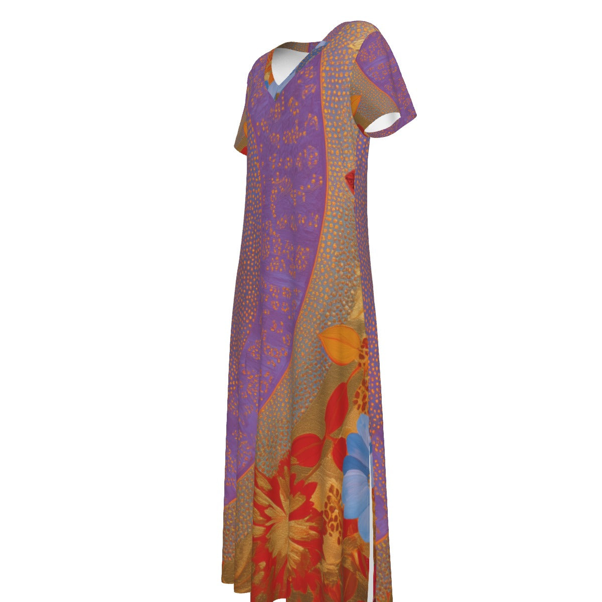 All-Over Print Women's V-neck Dress With Side Slit- Purple Indian