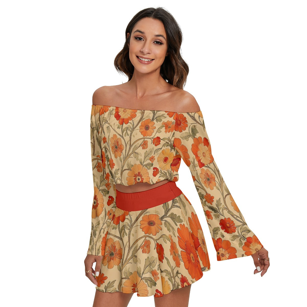 All-Over Print Women's Off-shoulder Top And Skirt Set
