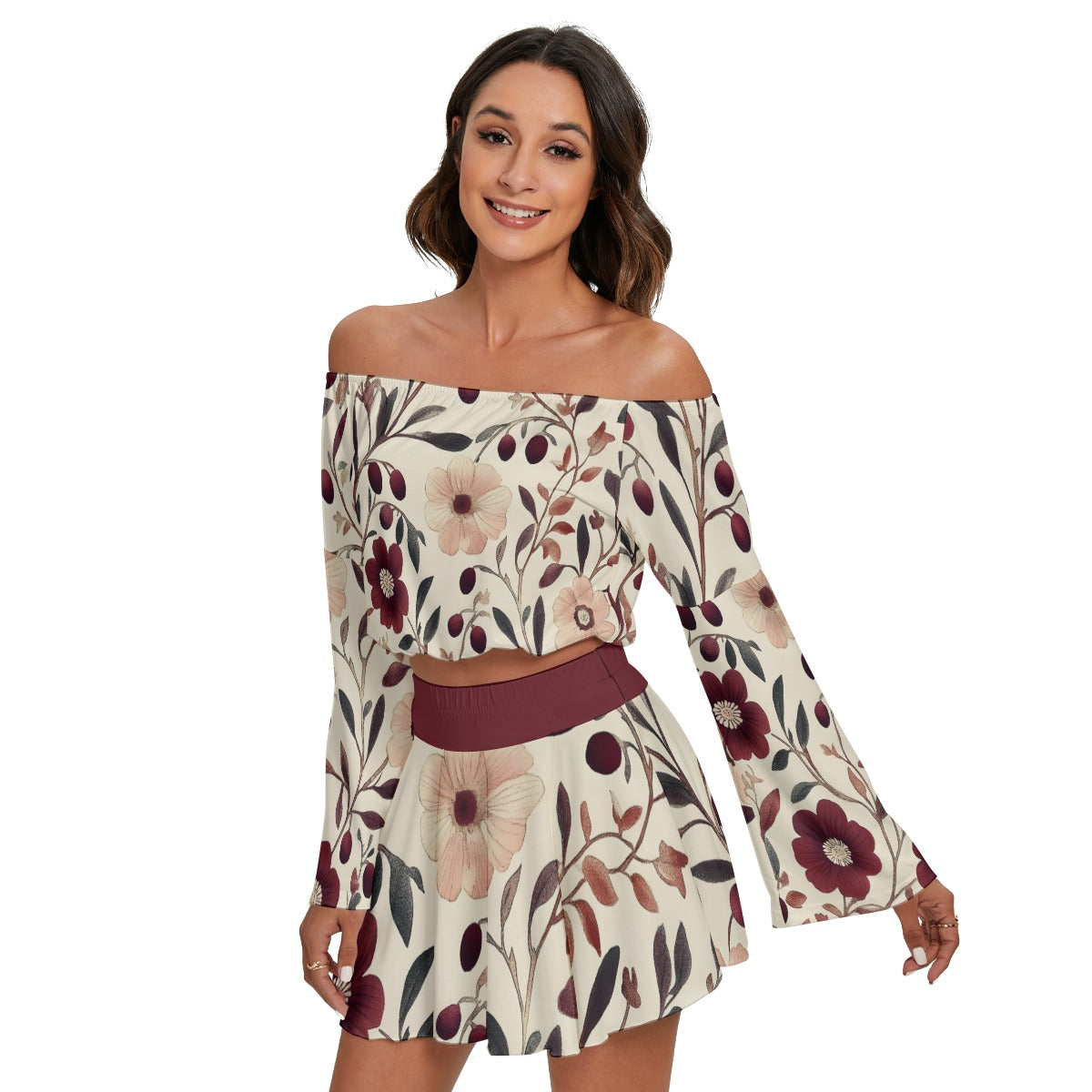 All-Over Print Women's Off-shoulder Top And Skirt Set