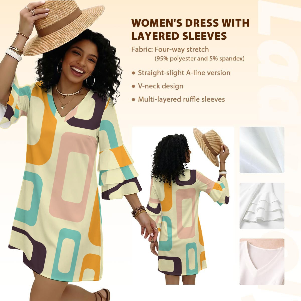All-Over Print Women's Stacked Ruffle Sleeve Dress