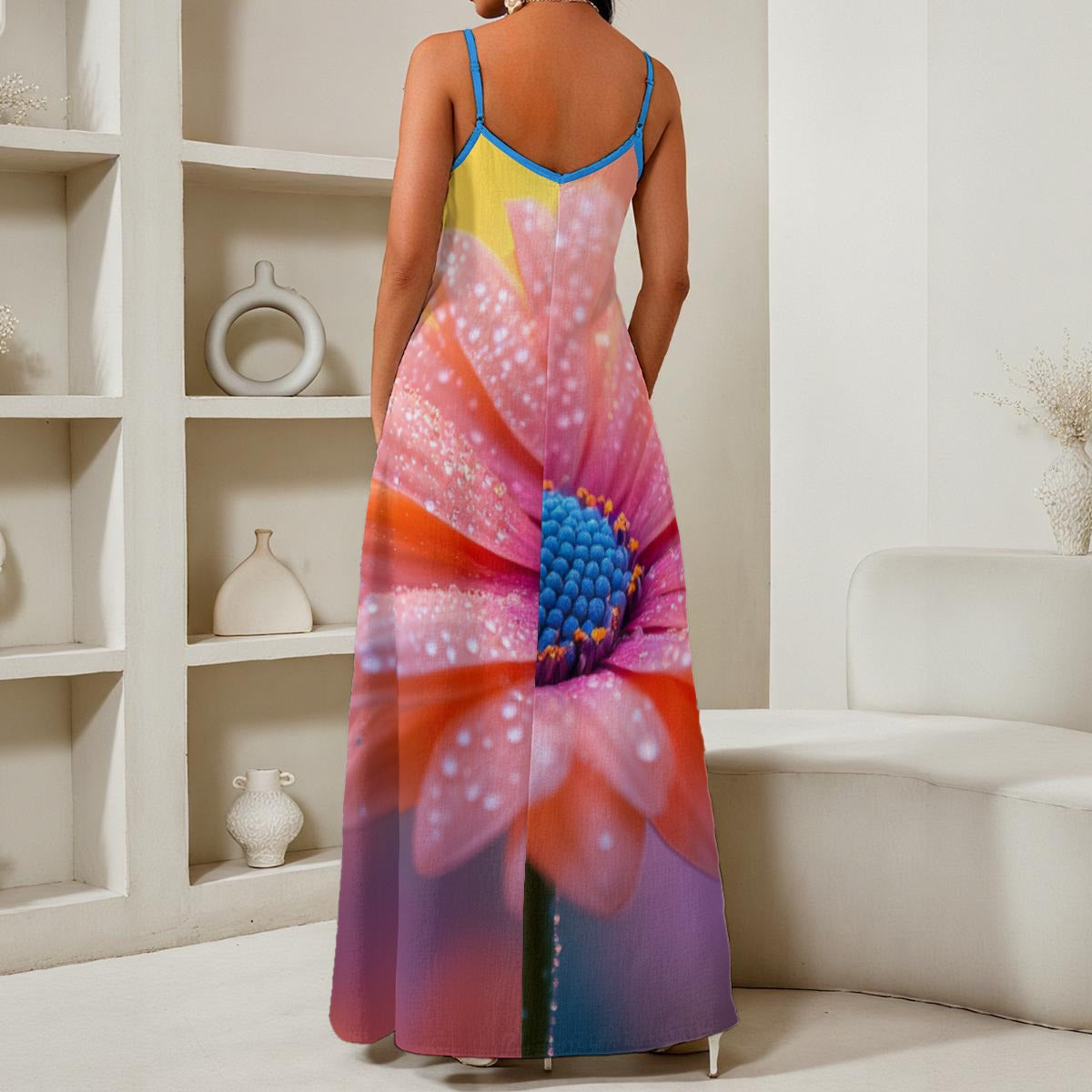 All-Over Print Women's Elegant V-Neck Maxi Dress pink flower