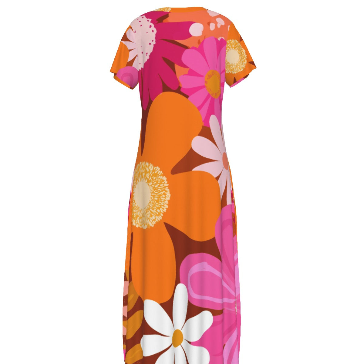 All-Over Print Women's V-neck Dress With Side Slit- flower power pink and orange