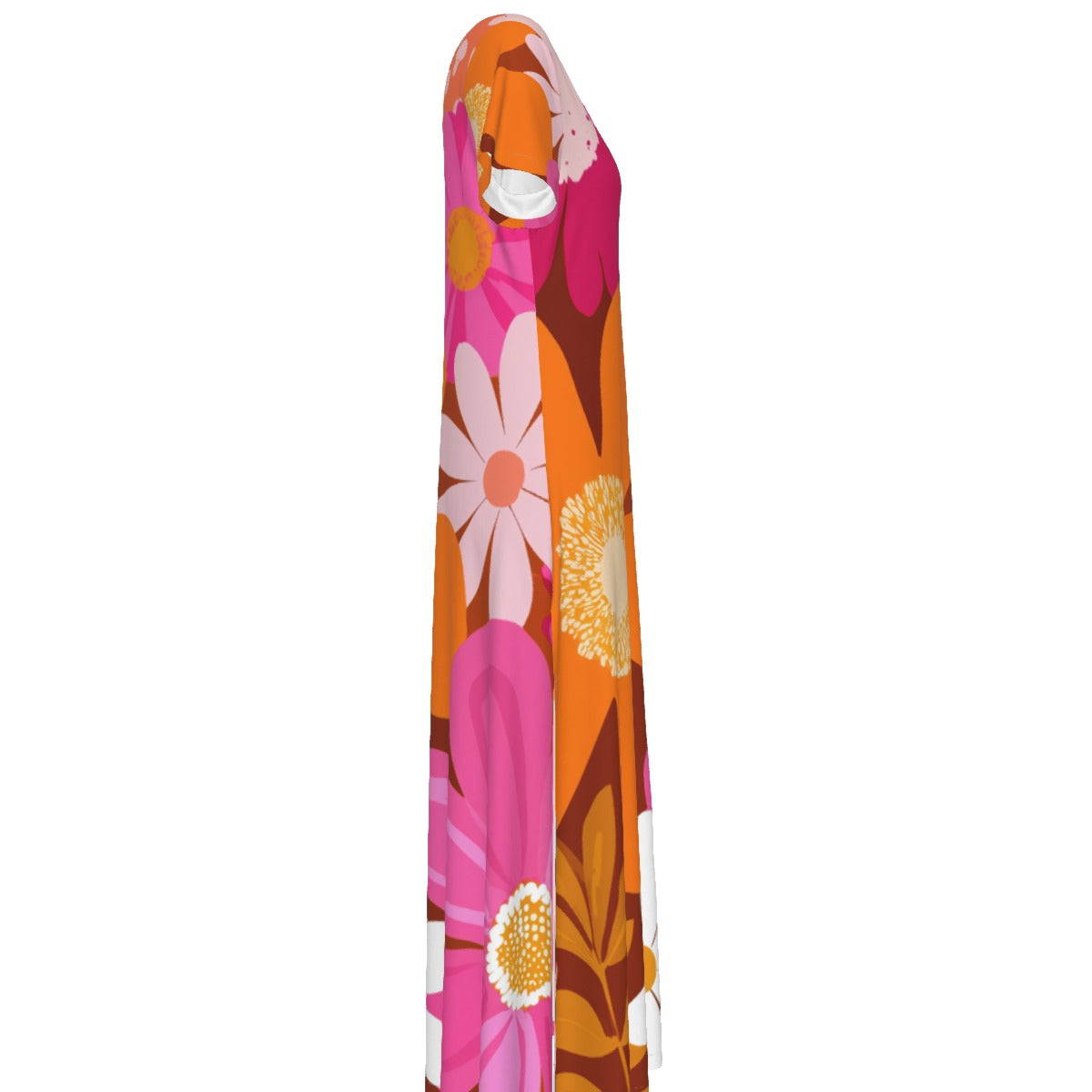 All-Over Print Women's V-neck Dress With Side Slit- flower power pink and orange