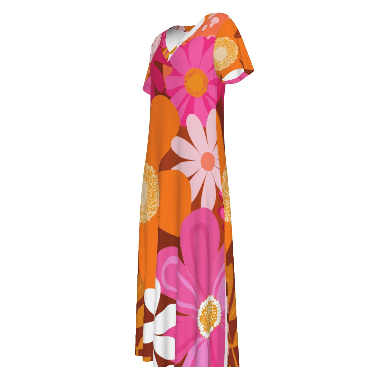 All-Over Print Women's V-neck Dress With Side Slit- flower power pink and orange