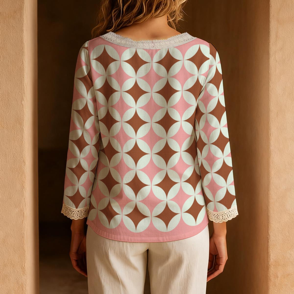 All-Over Print Women's Long-Sleeve Casual Top With Tie Collar- retro tan and pink
