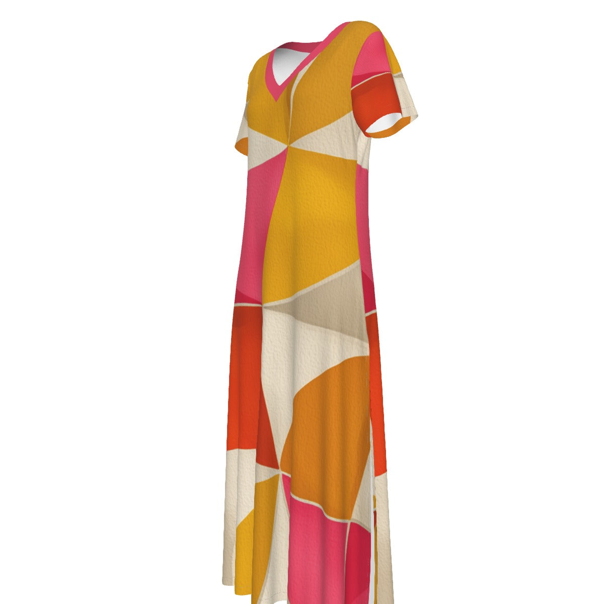 All-Over Print Women's V-neck Dress With Side Slit-groovy gold and pink
